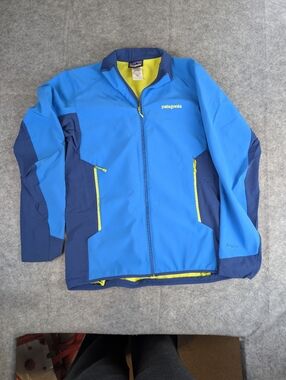 Patagonia Blue Softshell Jacket with Navy Panels and Yellow Accents Mens Med